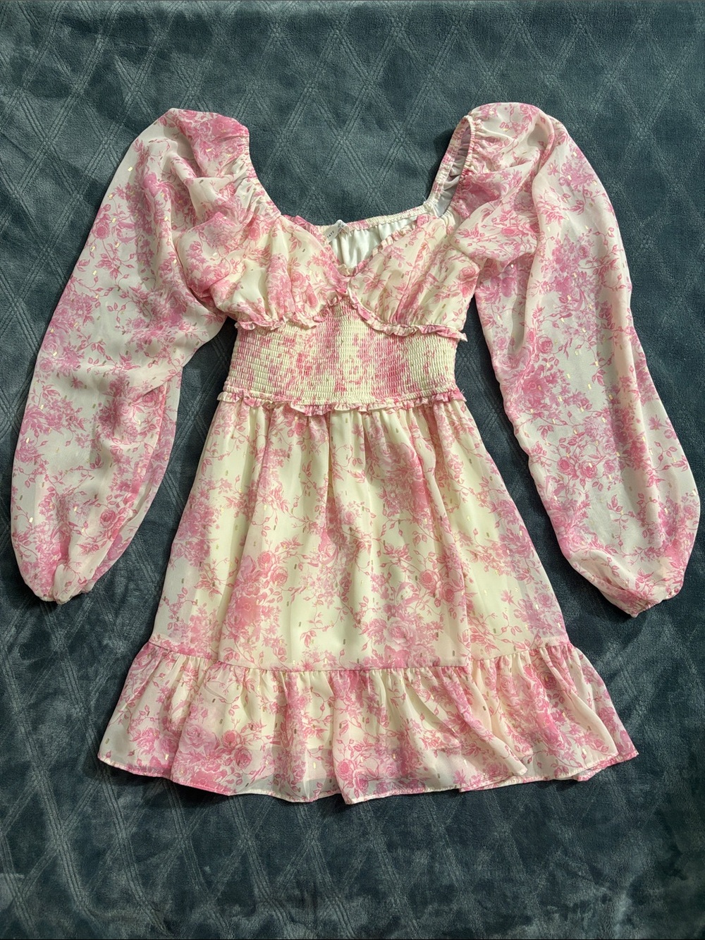 Altar'd State Pink & Cream Floral Smocked Puff-Sleeve Kids Dress
